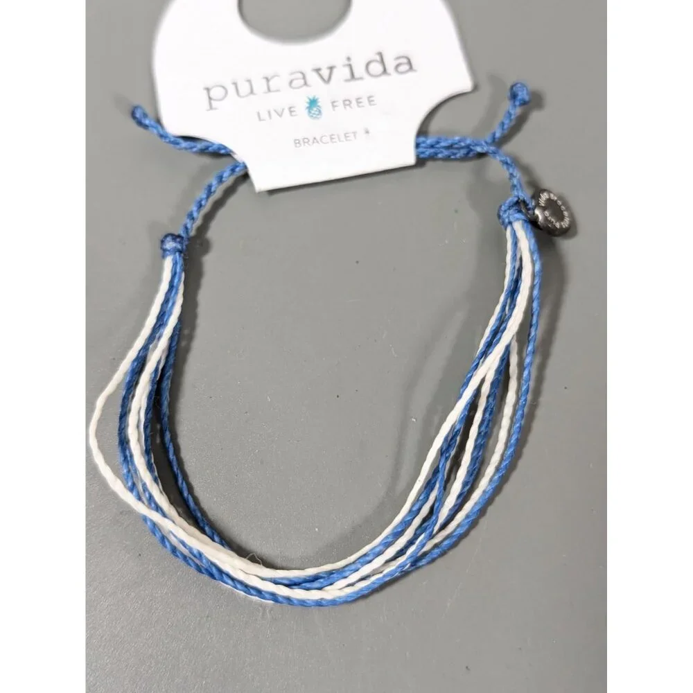 Puravida Blue White Cord Bracelet Adjustable Beachy Coastal‎ Surfer Boho NEW